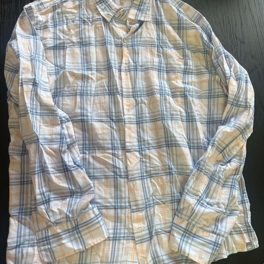 Peter Millar Light Blue and Peach Plaid Shirt